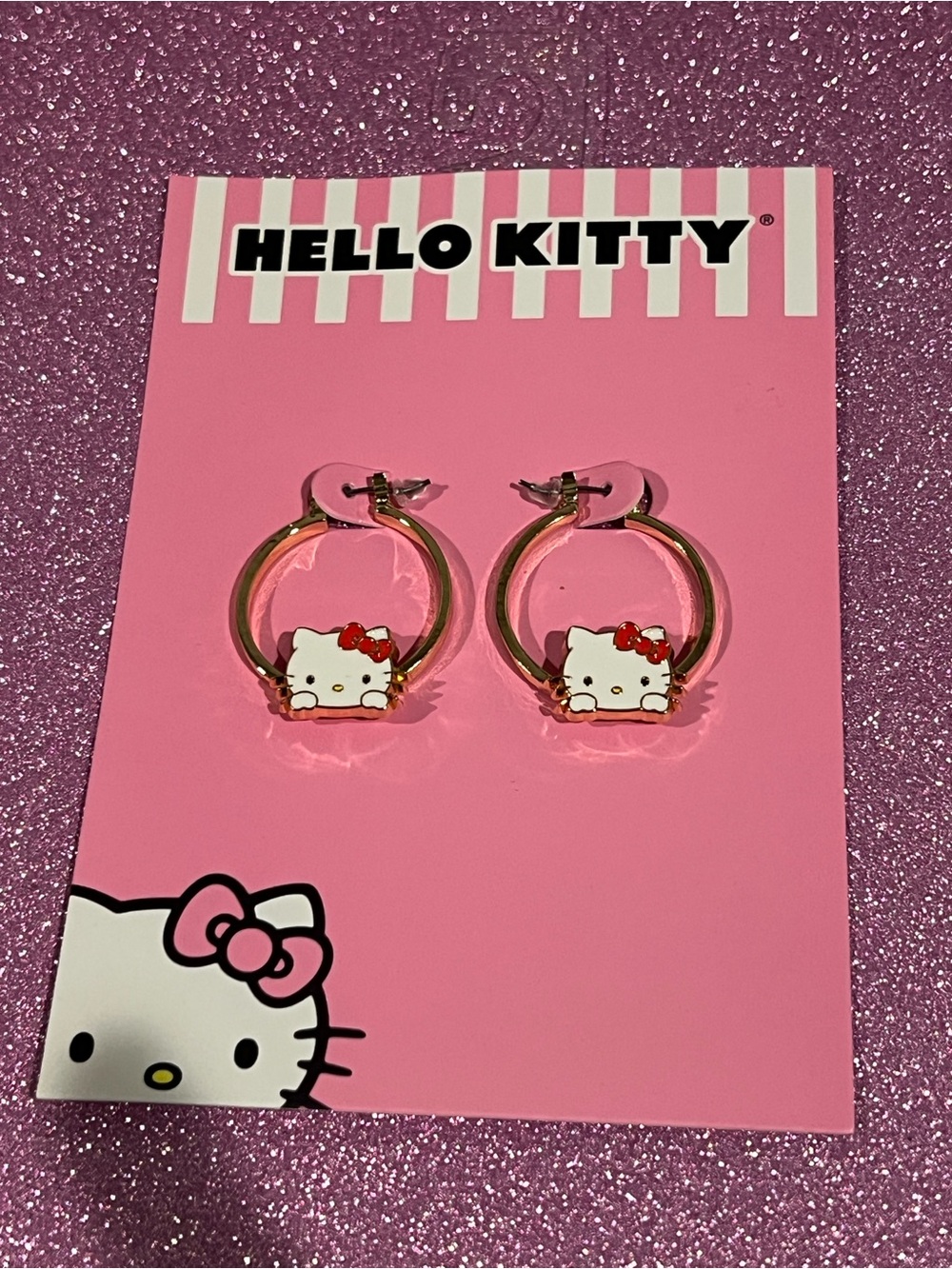 Hello Kitty Gold Hoop Earrings with White Face and Red Bow